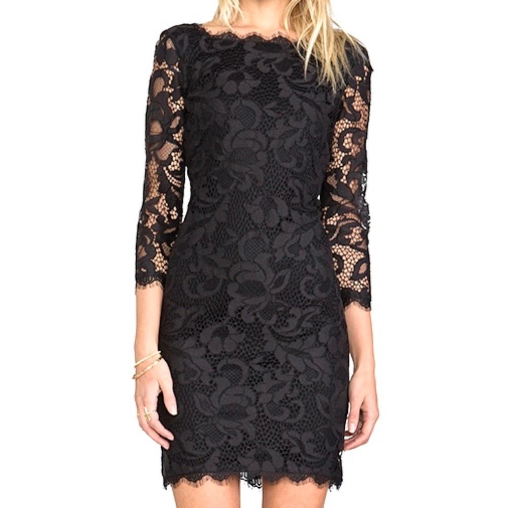 Diane Von Furstenburg Zarita Black Lace Dress Long Sleeves All Over Lace Size 4